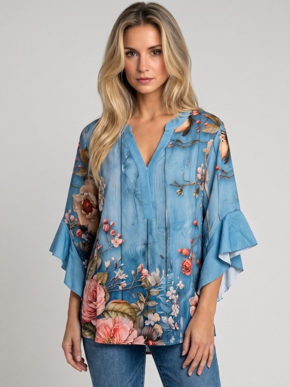 NWT Kitty's Boutique Blouse Womens S Blue Rose Floral Boho Flutter Sleeve